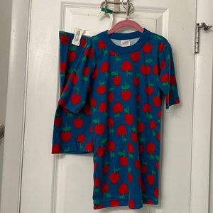 Hanna Andersson Pajama Set Girls 160 (US 14) Cotton Short Johns Blue Red Apple